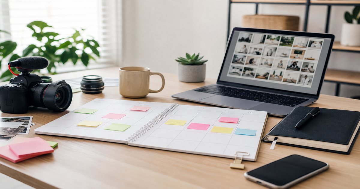 Weekly content calendar with batched filming, editing, and music licensing blocks