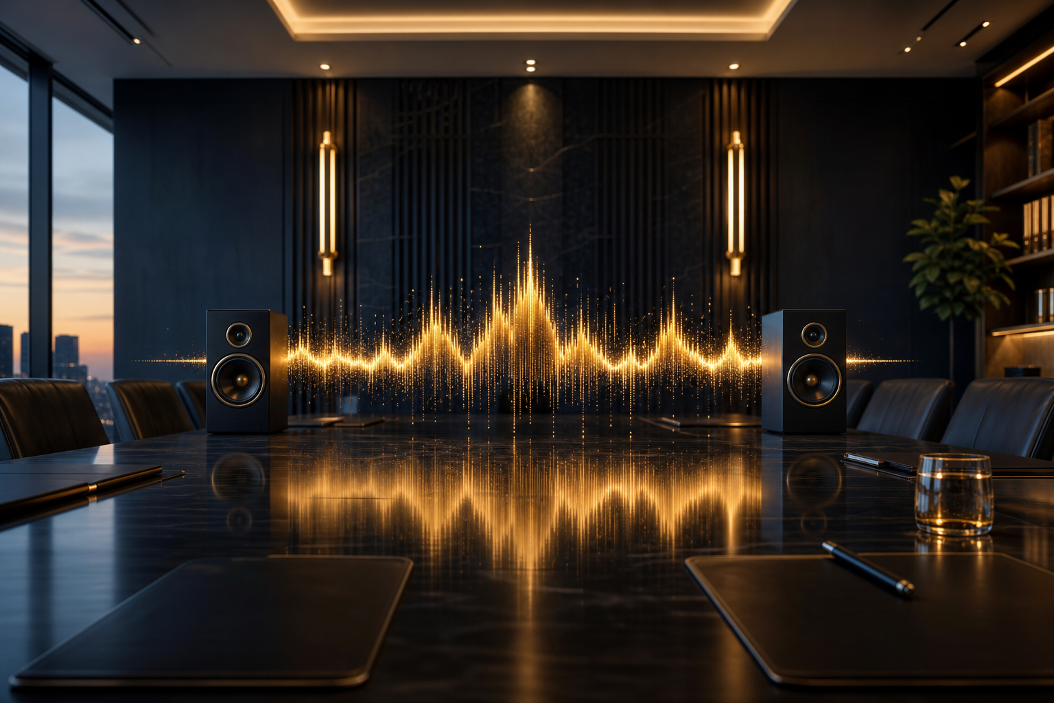 Brand marketing presentation with orchestral anthem music waveform visualization