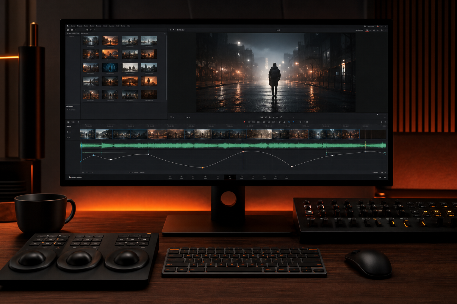 DaVinci Resolve timeline showing speed ramp curve synced to music waveform