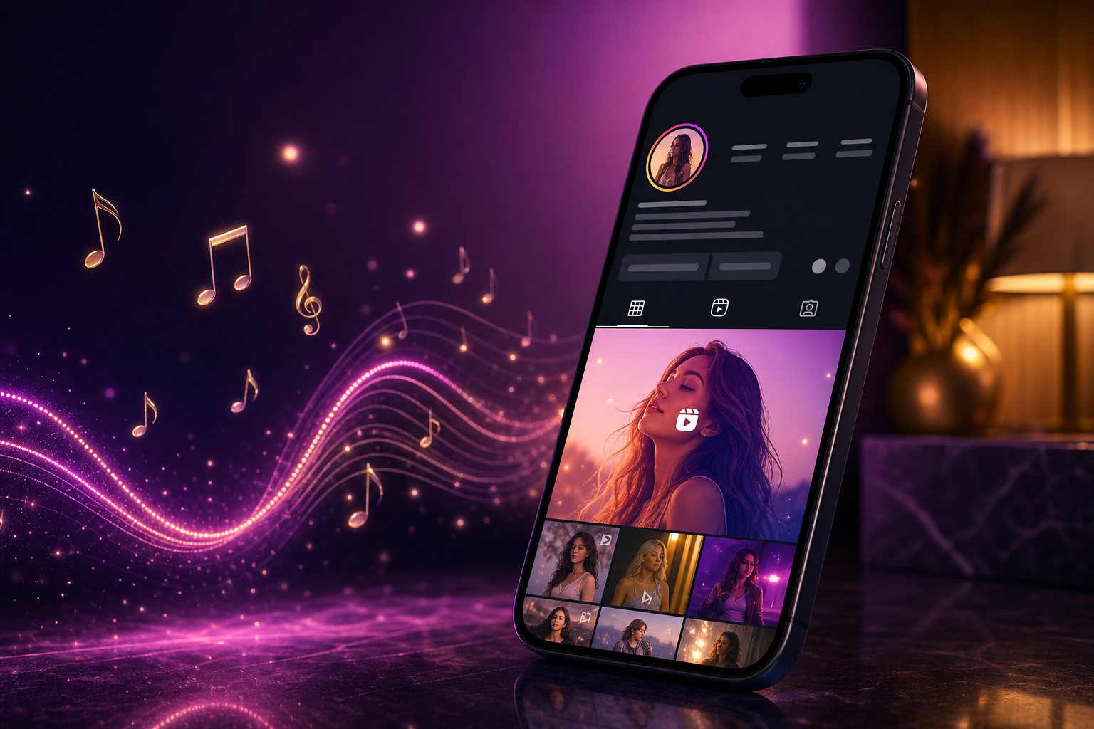 Instagram profile bio reel playing with elegant music waveform overlay