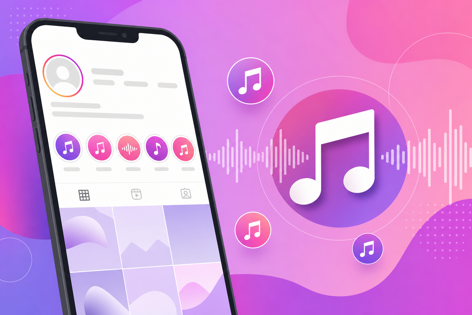 Instagram Highlights circles on a phone with music waveform overlay