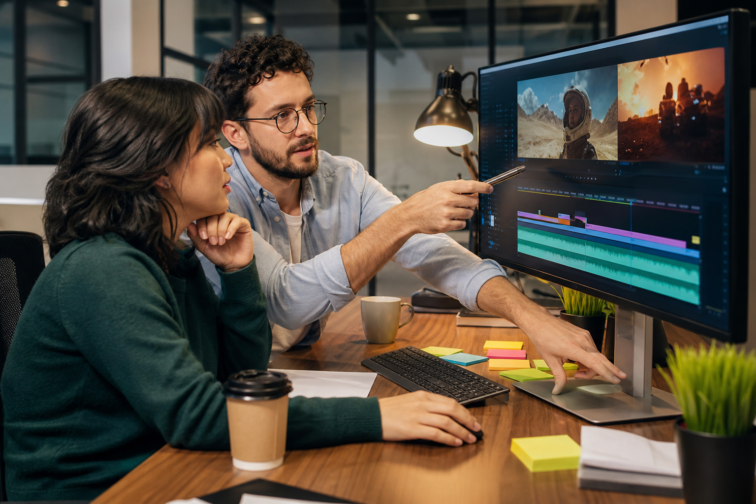 Marketing team reviewing launch campaign videos with music timeline on studio monitor
