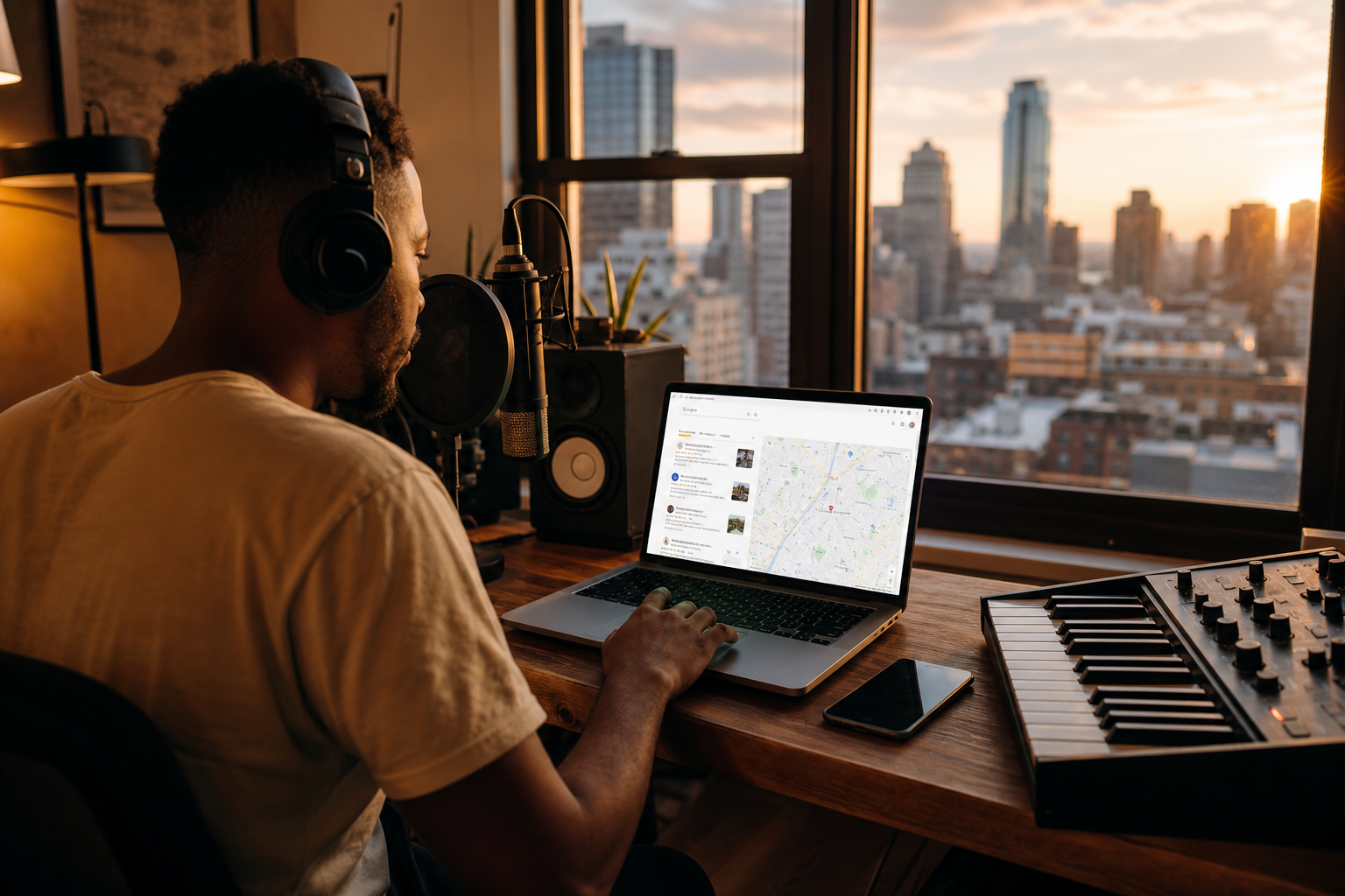 Music creator studio with city skyline view and laptop showing local search results
