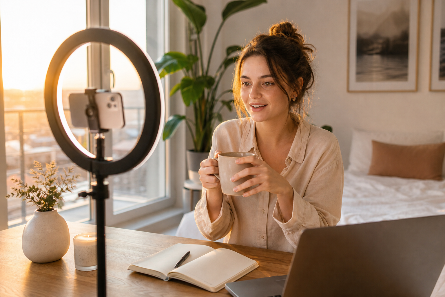 Creator filming morning batch content in soft sunrise light with coffee and ring light
