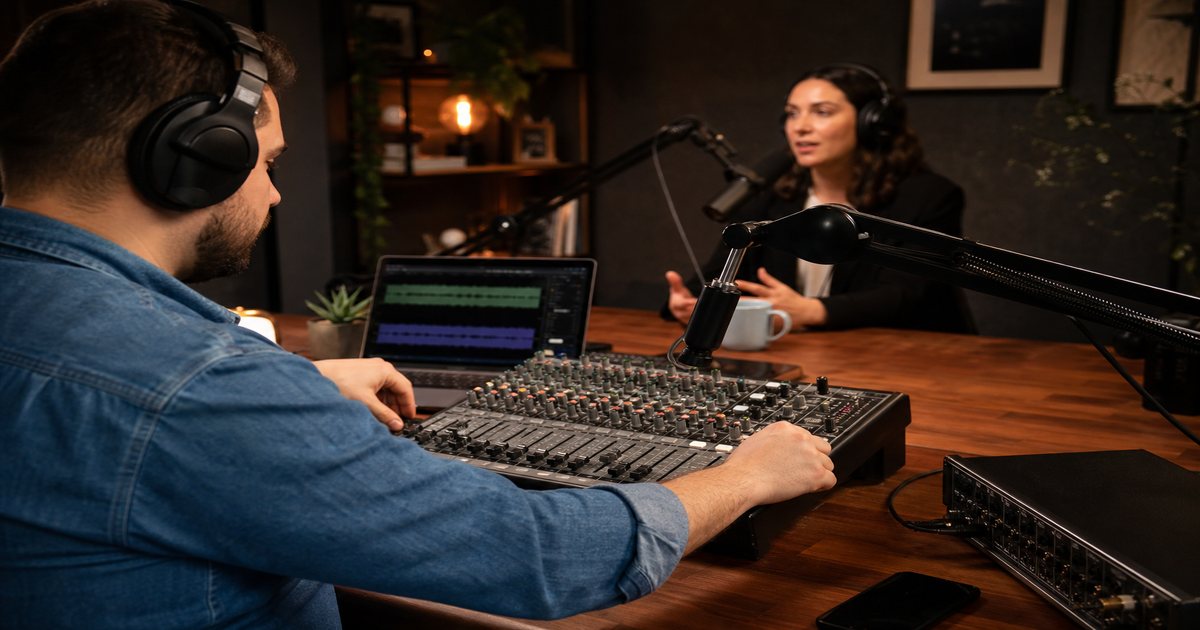 Podcast host recording with subtle background music bed under dialogue on audio mixer