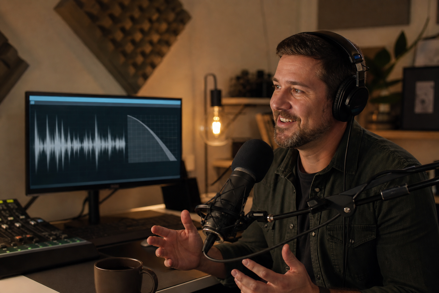 Podcast host at microphone with outro music waveform on screen in home studio