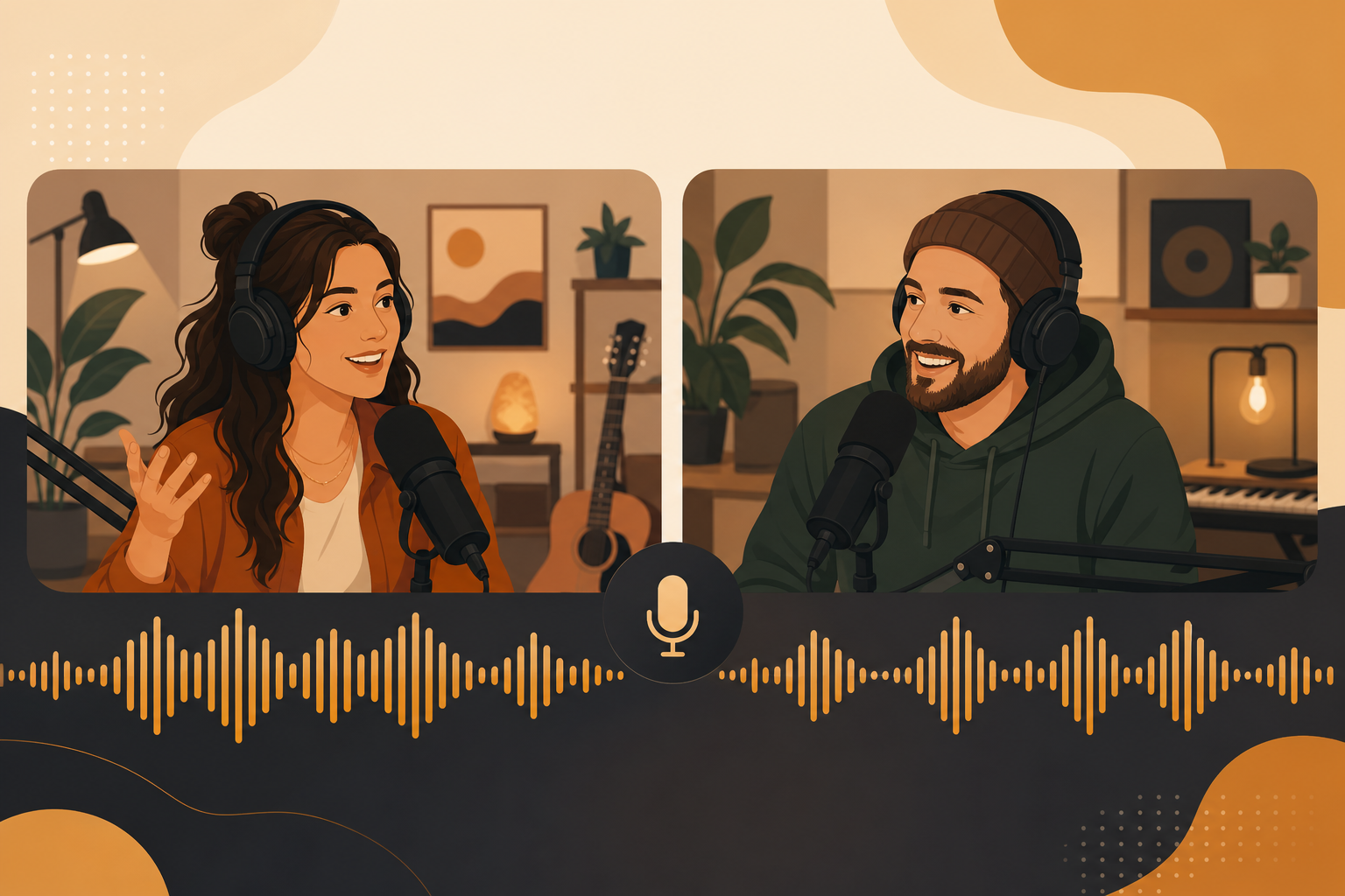 Remote podcast hosts on video call with matching intro music waveforms