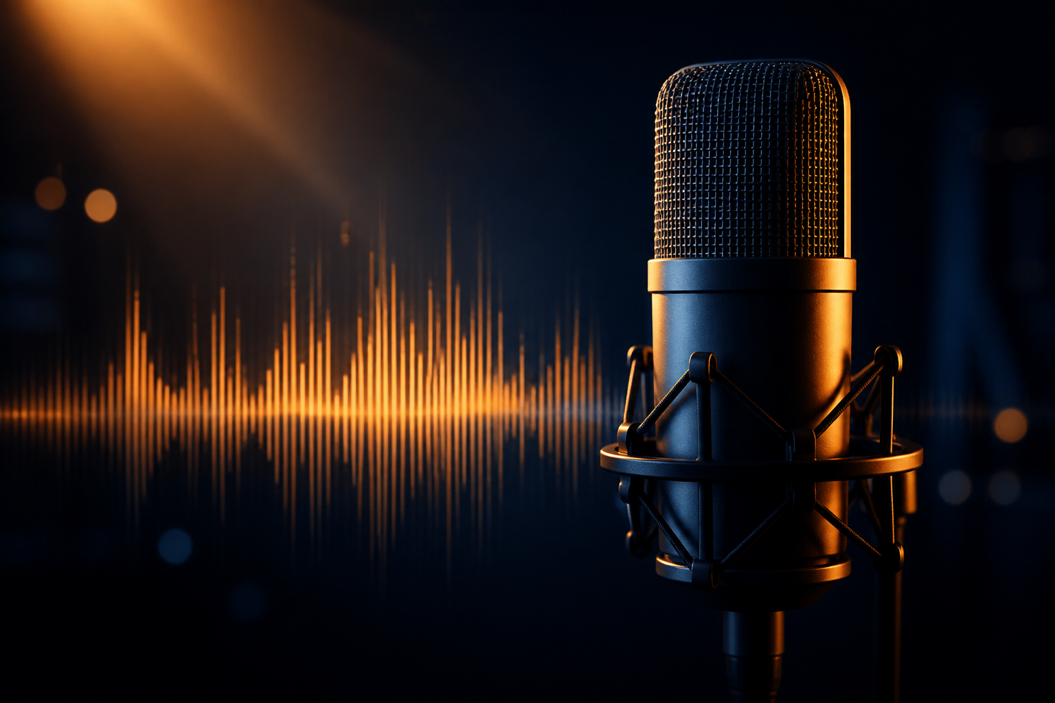 Podcast microphone with cinematic trailer-style rising music waveform