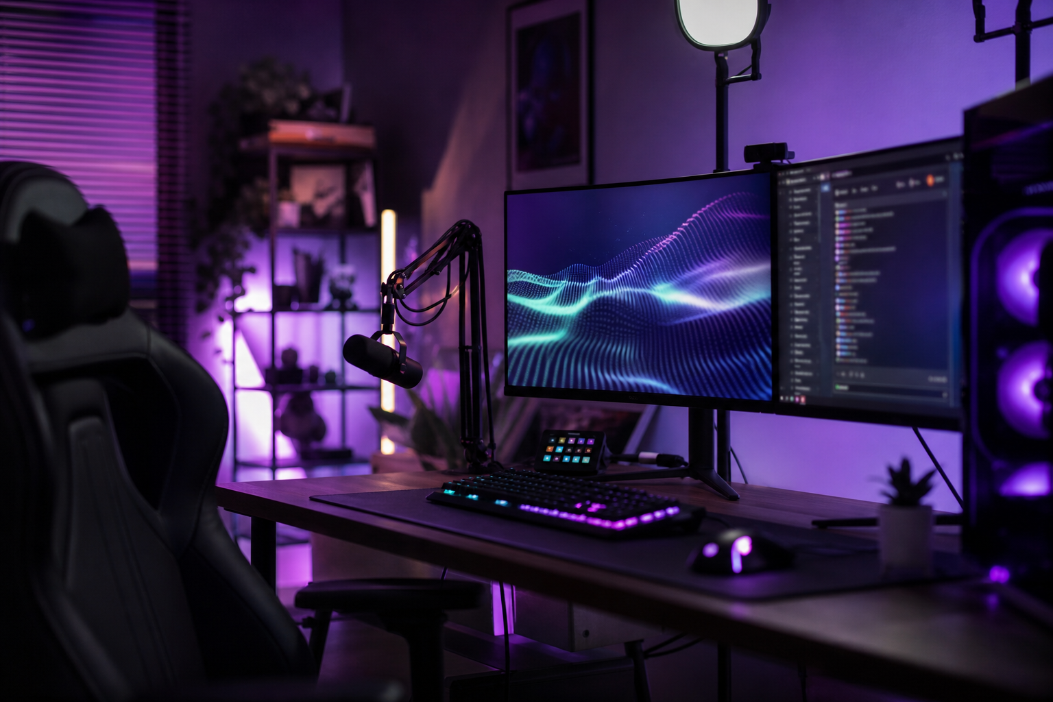 Streaming setup showing BRB away screen with calm background music waveform
