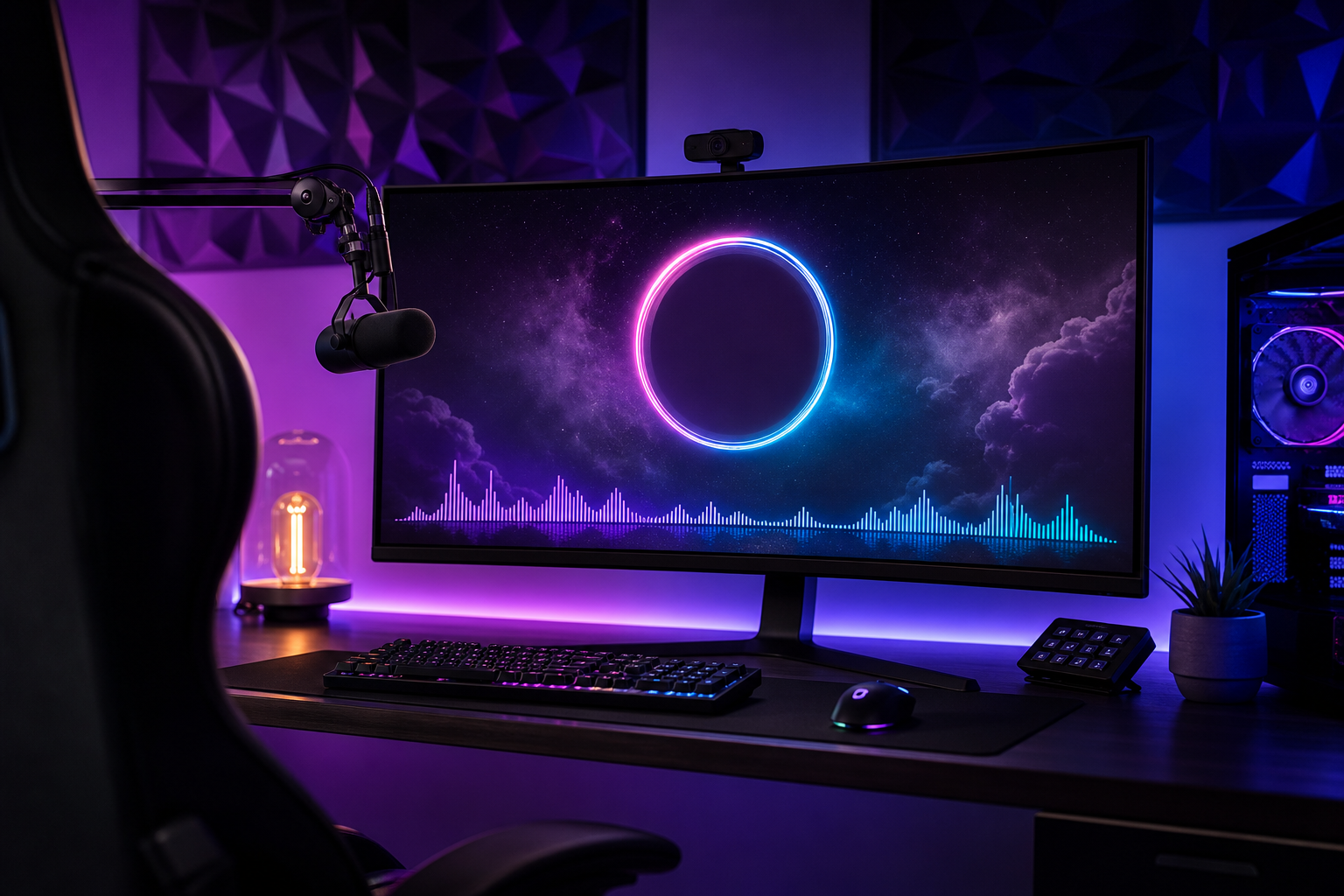 Gaming stream setup with Starting Soon screen and ambient hype music waveform