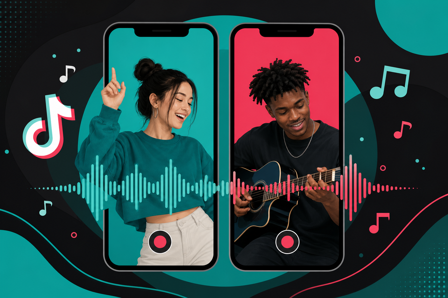 Two TikTok phone screens showing a duet layout with synchronized audio waveforms