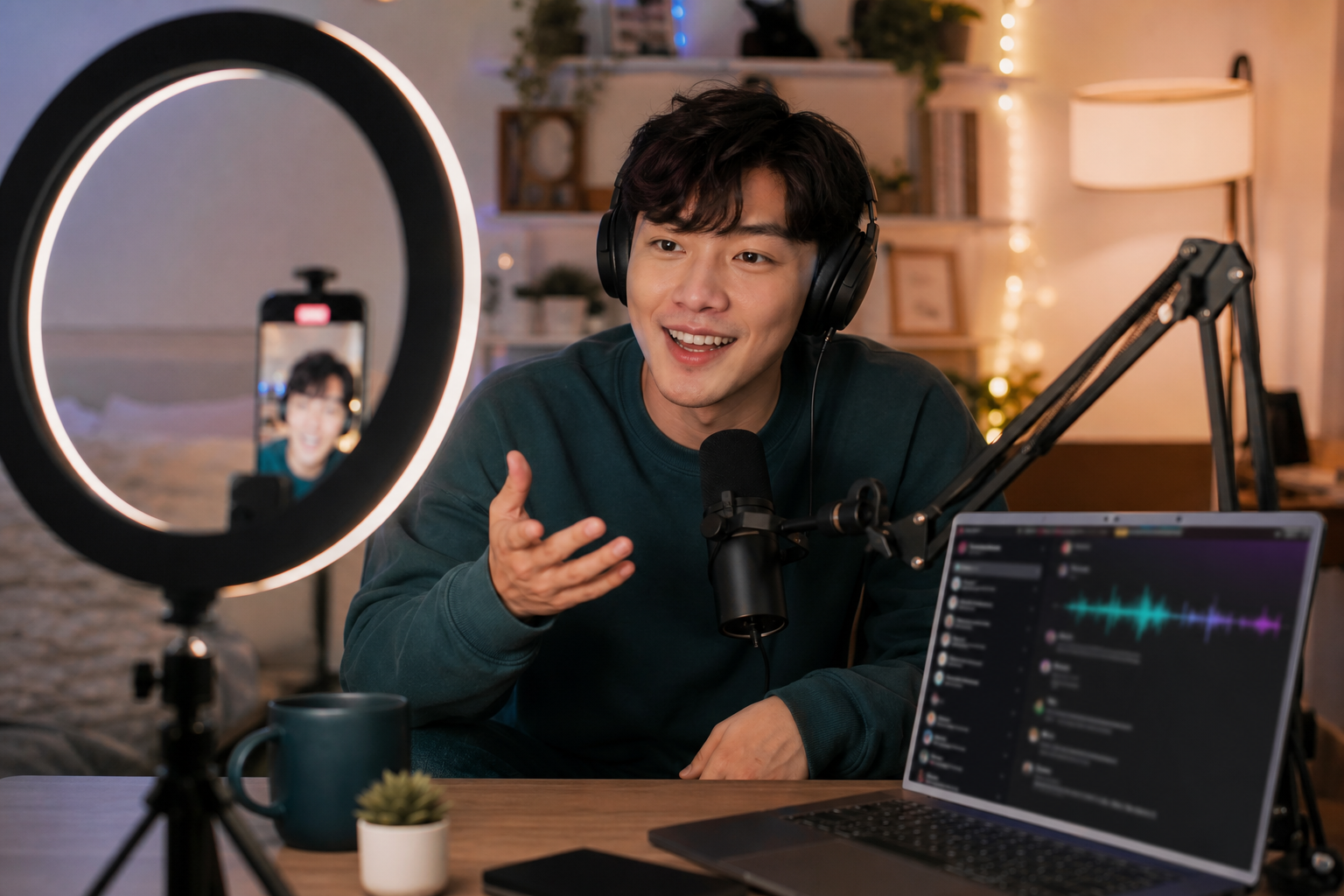 Creator hosting TikTok LIVE with ring light and subtle background music waveform on laptop