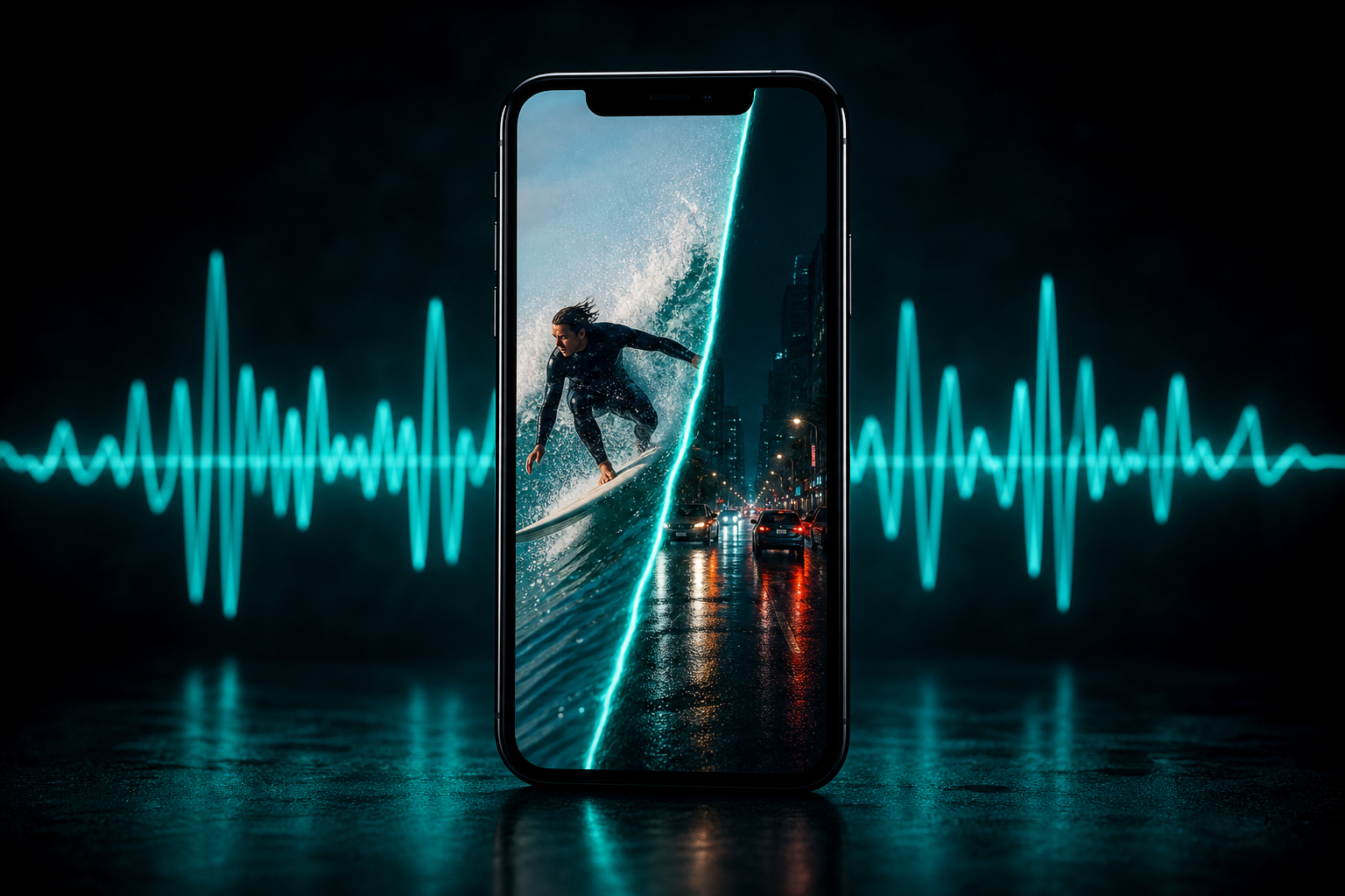 TikTok phone showing a transition cut synced to a music waveform hit