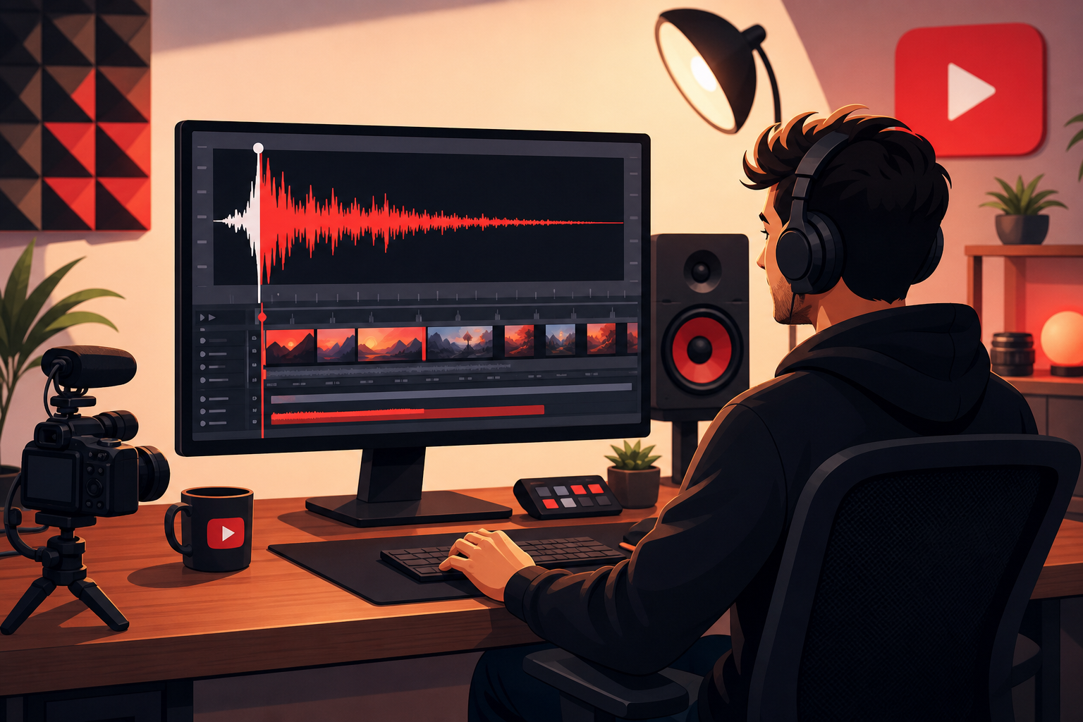 YouTube creator selecting an upbeat intro sting from a music library on a video editing timeline