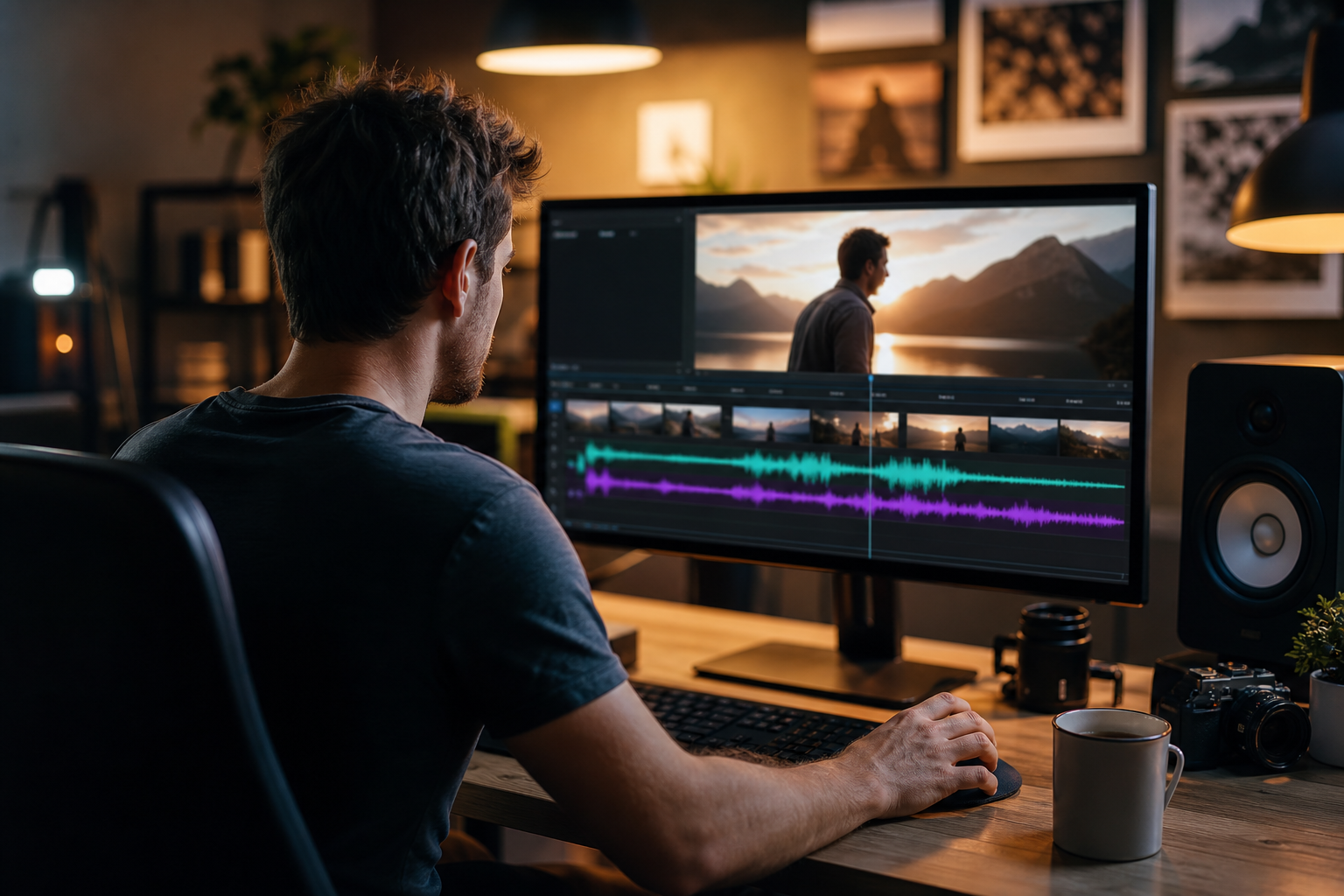 YouTube editing timeline paused at a mid-roll ad break with background music waveform